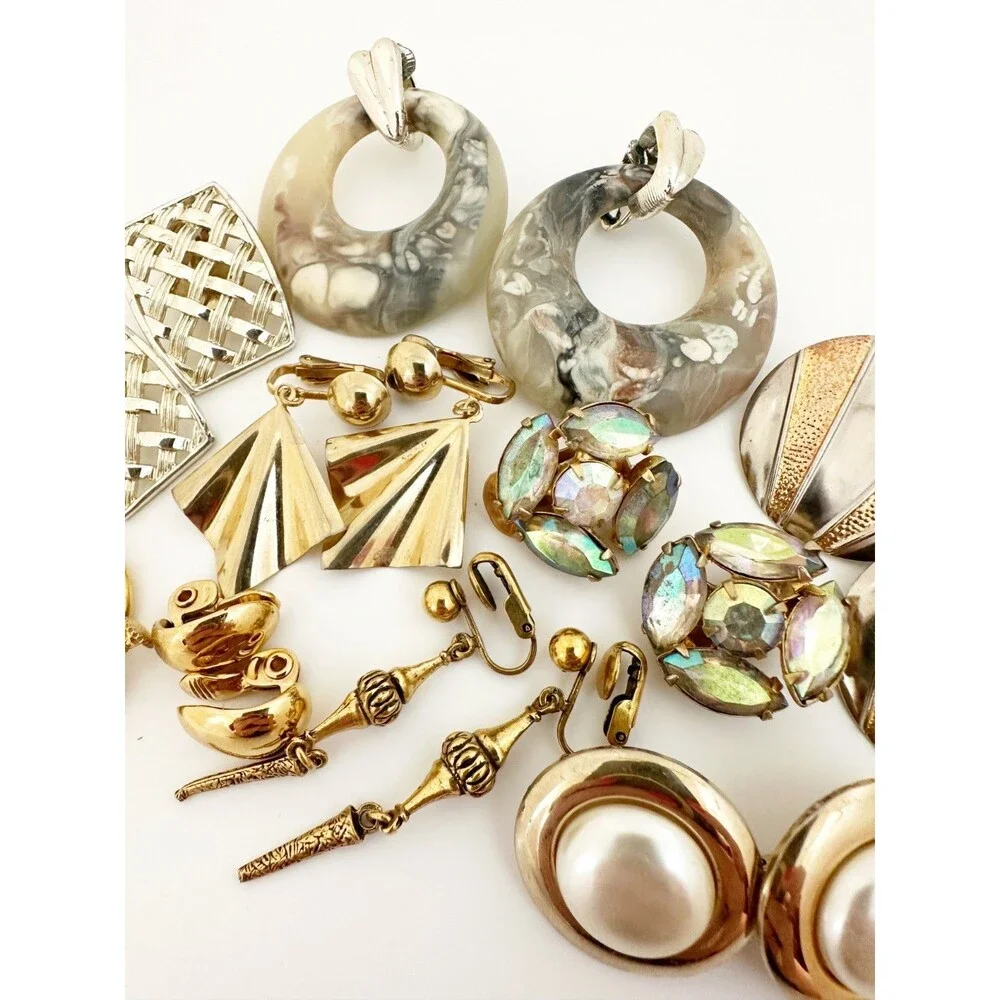 Vintage Gold Tone Clip On Earring Lot 9 pair AB Rhinestone Sarah Cov Monet